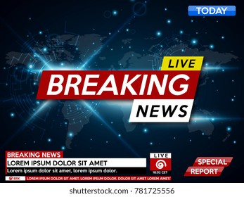 Background screen saver on breaking news. Breaking news live on world map background. Vector illustration.