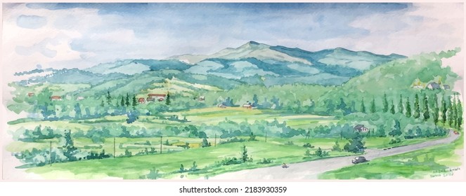 Background, screensaver, banner. Artwork in green, Carpathian mountains. Trans carpathia. Artistic presentation, design template. Rural nature, magazine, brochure, book, interior. Vector illustration