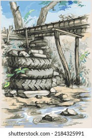 Background, Screensaver, Banner. Pictures, A Wooden Bridge With A Cat Over The River. Wheels From A Car. Art Presentation, Design Template. Rural Nature, Magazine, Book, Interior. Vector Illustration
