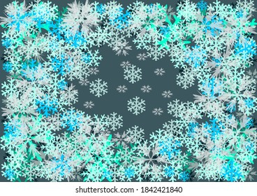 Background or screensaver for your desktop, strewn with various snowflakes, in the style of Christmas and happy New year.