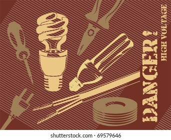 background with screwdriver, insulating tape, electric plug and energy-saving lamps