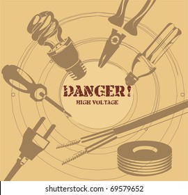 background with screwdriver, insulating tape, electric plug and energy-saving lamps