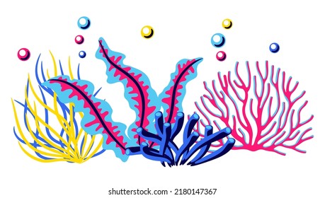 Background with sea algae and corals. Marine life aquarium and sea flora.