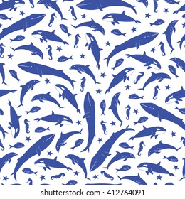 Background Sea animals, blue ocean or marine mammals and fish. 