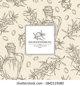 Background with sea buckthorn and bottle of sea buckthorn oil. Vector hand drawn illustration