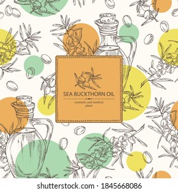 Background with sea buckthorn and bottle of sea buckthorn oil. Vector hand drawn illustration