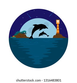 Background with sea, dolphin, lighthouse and moon. Vector illustration