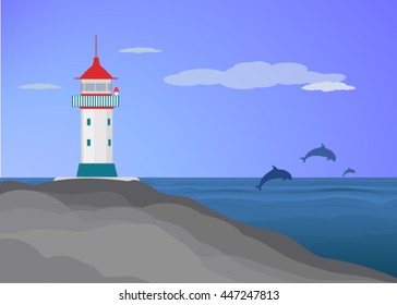 Background with sea, dolphin and a lighthouse. vector illustration.
