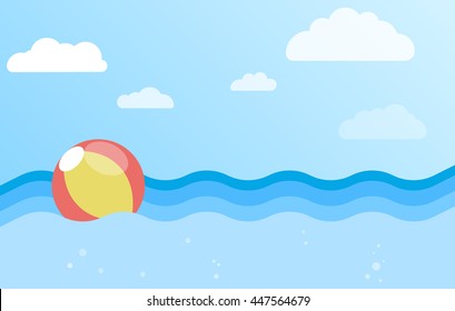 Background of sea with inflatable ball. Beach ball in water. Flat design vector illustration. Horizontal layout