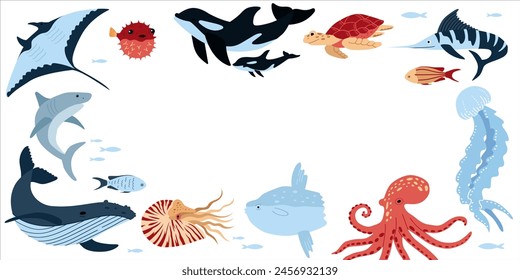 Background with sea inhabitants. Banner template. Frame with corals, jellyfish, octopus and other marine animals on white background.