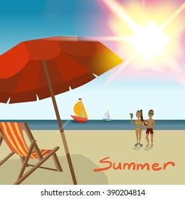 Background with sea landscape summer beach, sun umbrellas, beach beds. Couple, man and woman in swimsuit on background seascape and yacht on hot sun. Coupe summer beach. Vector flat illustration