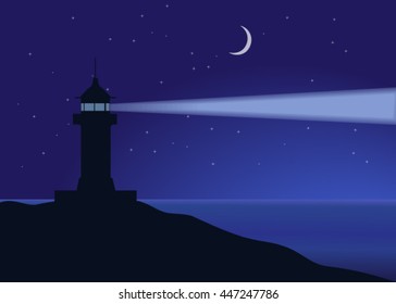 Background with sea and lighthouse at night. vector illustration