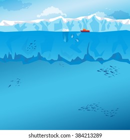 Background with sea, long Iceberg and red ship. Vector