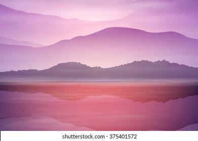 Background with sea and mountain. Sunset time. EPS10 vector.