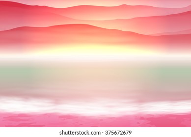 Background with sea and mountain. Sunset time. EPS10 vector.