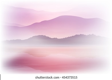 Background with sea and mountain. Sunset time. EPS10 vector.