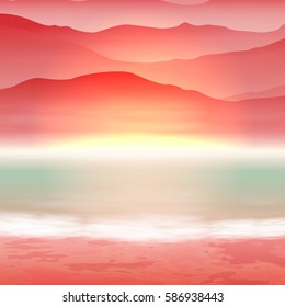 Background with sea and mountain. Sunset time. EPS10 vector.