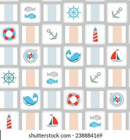 The background of the sea. Background on the marine theme with icons dolphins, anchors, boats, compass, life buoy, steering wheel. On small images are images of sea subjects and objects. 