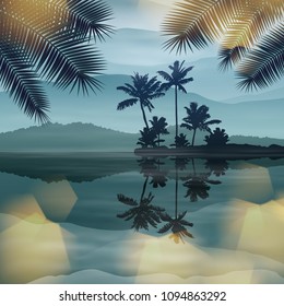 Background with sea and palm trees at night.