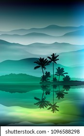 Background with sea and palm trees at night.