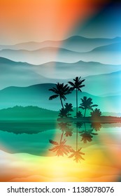 Background with sea and palm trees at night