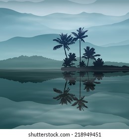 Background with sea and palm trees at night. EPS10 vector.