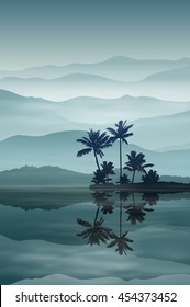 Background with sea and palm trees at night. EPS10 vector.