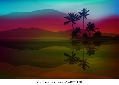 Background with sea and palm trees at night. EPS10 vector.