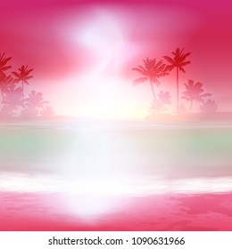 Background with sea and palm trees. Sunset time.