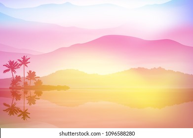 Background with sea and palm trees. Sunset time.