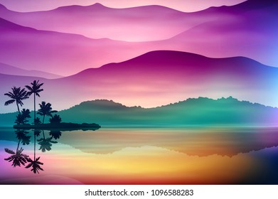 Background with sea and palm trees. Sunset time.