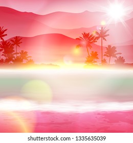 Background with sea and palm trees. Sunset time.