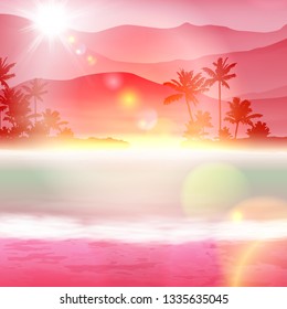 Background with sea and palm trees. Sunset time.