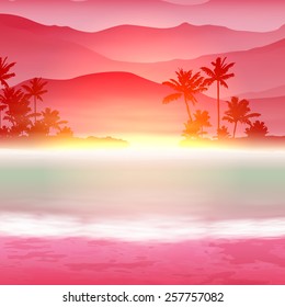 Background with sea and palm trees. Sunset time. EPS10 vector.