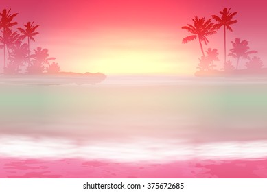 Background with sea and palm trees. Sunset time. EPS10 vector.