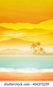Background with sea and palm trees. Sunset time. EPS10 vector.