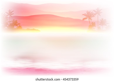 Background with sea and palm trees. Sunset time. EPS10 vector.