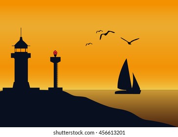 Background with sea, sailing ship, dolphin, lighthouse and sunset. vector illustration