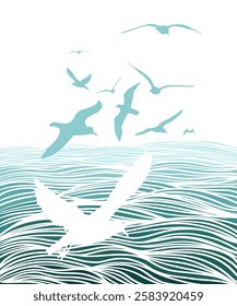 Background sea and seagulls. hand drawn. Not AI, Vector illustration.