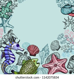 Background with sea shells, fish, corals and turtle