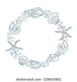 Background from sea shells. Marine elements shells, stars and corals in a circle shape frame.