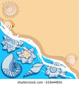 Background with sea shells and surf. Marine vector color background.