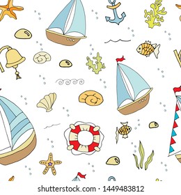 Background of the sea a small boat. Cartoon lines art. Vector hand draw illustration.