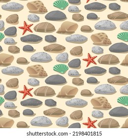 Background of sea stones, stars and shells. A pattern with a marine theme. Different stones, shells and stars on the sand with a shadow. Suitable for textile and paper printed products.