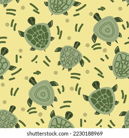 Background with sea turtles and texture on a green shell. Children's illustration. Marine illustration in children's style in green color scheme. Suitable for printing on textiles and paper.