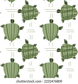 Background with sea turtles and texture on a green shell. Children's illustration. Marine illustration in children's style in green color scheme. Suitable for printing on textiles and paper.