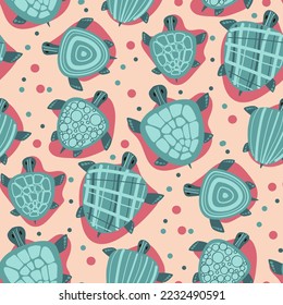 Background with sea turtles and texture on the shell. Children's illustration. Abstract marine illustration in children's style in blue and pink colors. Suitable for printing on textiles and paper.