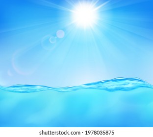 Background with sea wave, blue sky, sun, rays and lens flare