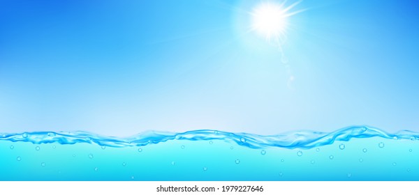 Fondo con ola marina, cielo azul, sol, rayos y lente