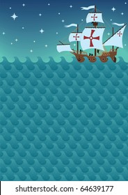 Background with sea waves and sail ship. A4 proportions. The picture is also a seamless pattern and you can multiply it horizontally.